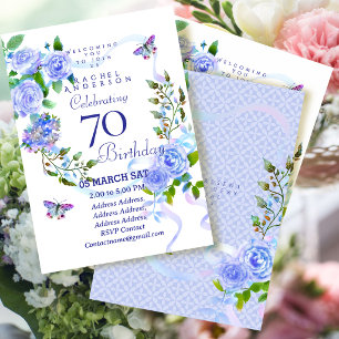 Blue Rose Ribbon 70th Birthday Invitation