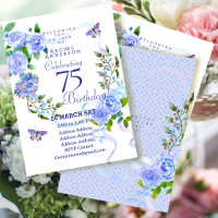 Blue Rose Ribbon 75th  Birthday Invitation