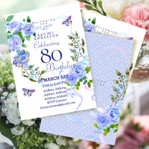 Blue Rose Ribbon 80th Birthday Invitation