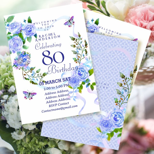 Blue Rose Ribbon 80th  Birthday Invitation (Blue Rose Ribbon 80th Birthday Invitation.)