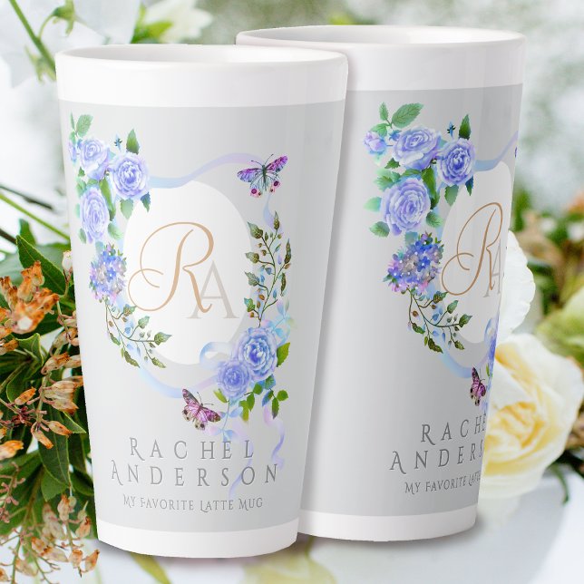 Blue Rose Ribbon Chic Monogram Grey Latte Mug (Romantic Blue Rose Ribbon Monogram Grey Latte Mug.)