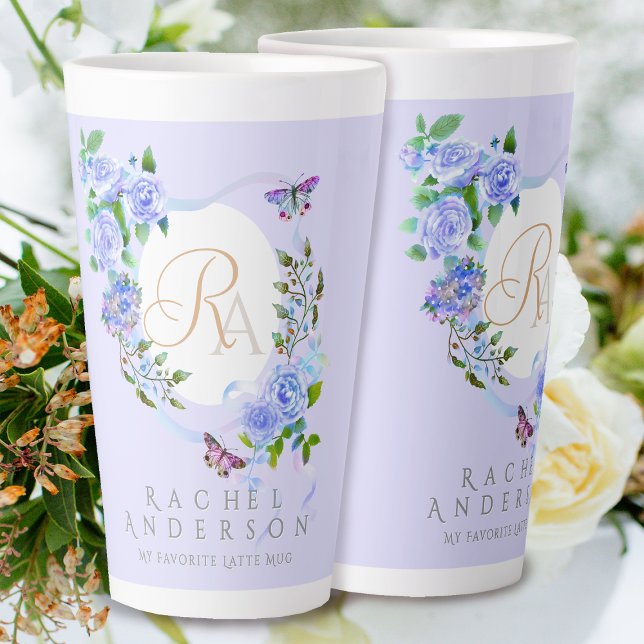 Blue Rose Ribbon Chic Monogram Purple Latte Mug (Romantic Blue Rose Ribbon Monogram Purple Latte Mug.)
