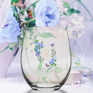 Blue Rose Ribbon Chic Monogram Stemless Wine Glass