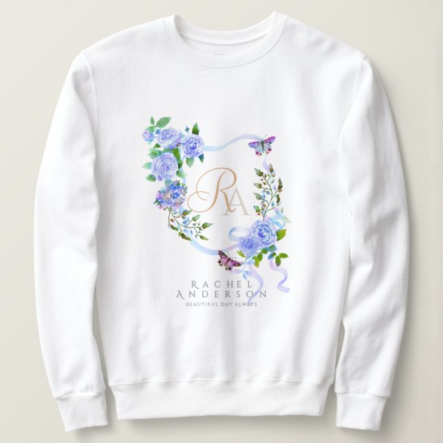 Blue Rose Ribbon Chic Monogram  Sweatshirt (Design Front)