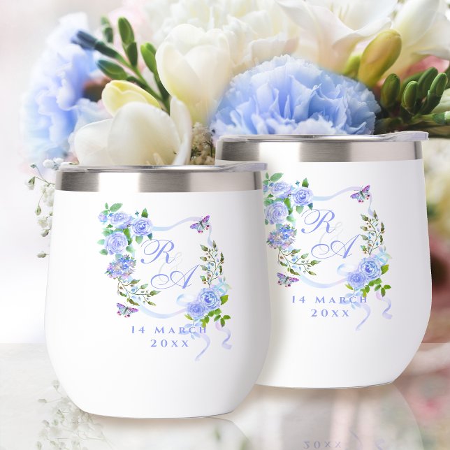 Blue Rose Ribbon Monogram  (Blue Rose Ribbon Monogram Thermal Wine Tumbler)