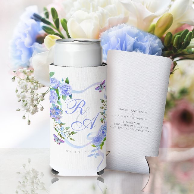 Blue Rose Ribbon Monogram Can Cooler (Blue Rose Ribbon Monogram Can Cooler)