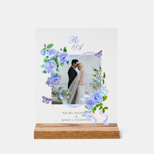 Blue Rose Ribbon Monogram Photo Wedding  Acrylic Sign (Front)