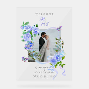 Blue Rose Ribbon Monogram Photo Wedding  Acrylic Sign