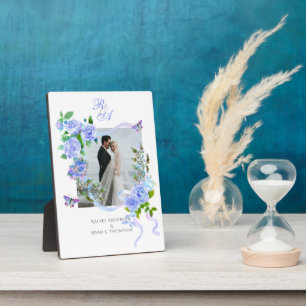 Blue Rose Ribbon Monogram Photo Wedding  Plaque