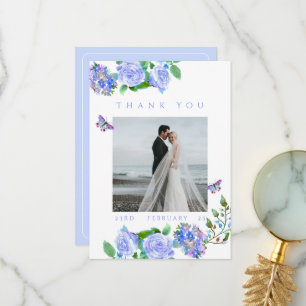 Blue Rose Ribbon Monogram Photo Wedding Thank You Card