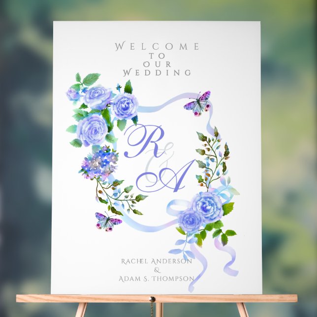 Blue Rose Ribbon Monogram Wedding  Acrylic Sign (Neutral)