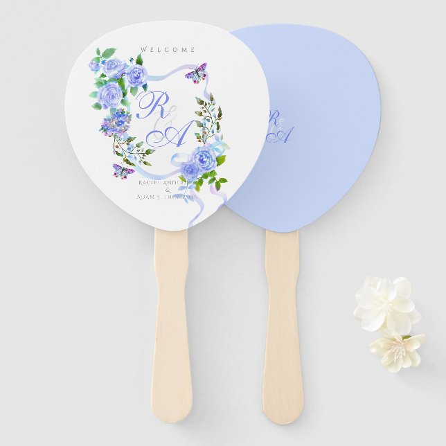 Blue Rose Ribbon Monogram Wedding  Hand Fan (Front and Back)