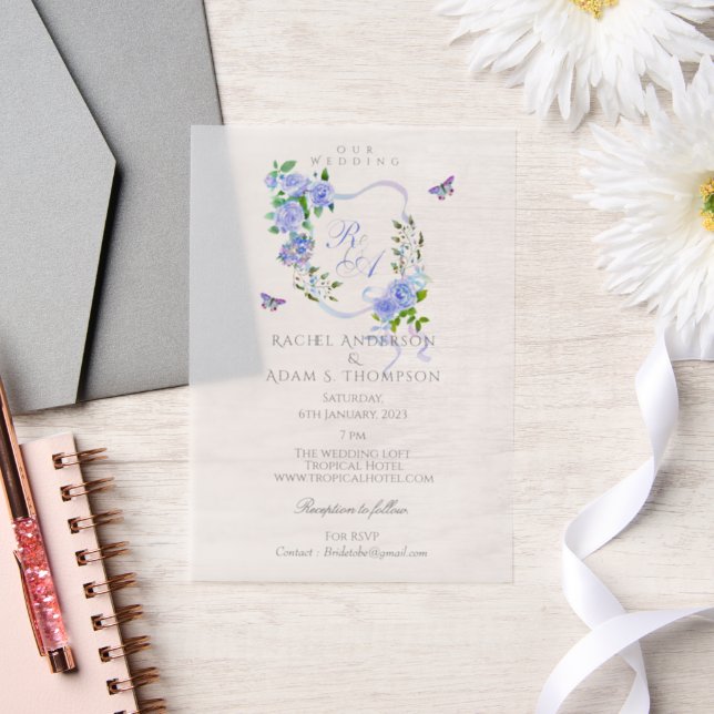 Blue Rose Ribbon Monogram Wedding  Invitation (Wedding)