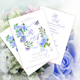 Blue Rose Ribbon Monogram Wedding Invitation