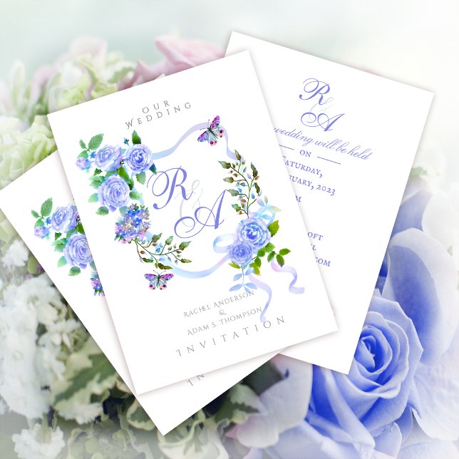 Blue Rose Ribbon Monogram Wedding Invitation (Elegant Blue Rose Ribbon Monogram Invitation Card.)