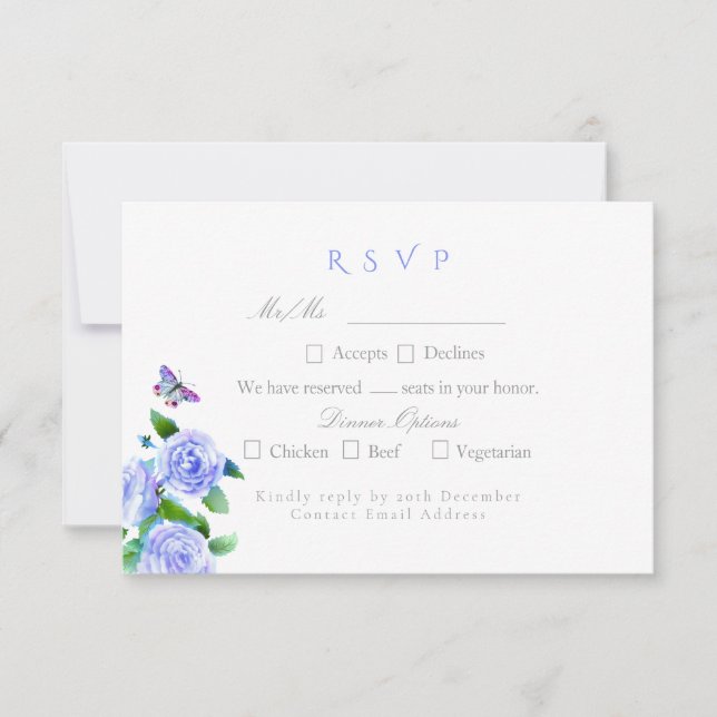 Blue Rose Ribbon Monogram Wedding  RSVP Card (Front)