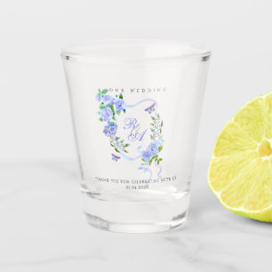 Blue Rose Ribbon Monogram Wedding Shot Glass