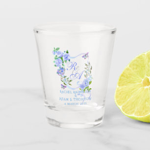 Blue Rose Ribbon Monogram Wedding Shot Glass