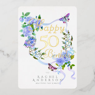 Blue Rose Ribbon Yearly Birthday Foil Card
