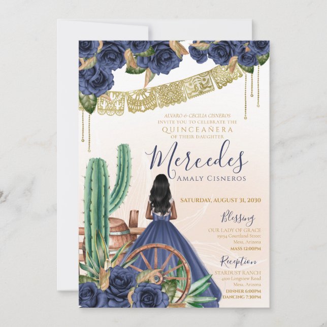 Blue Rose Rustic Western Charro Quinceanera Invitation (Front)