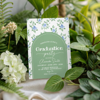 Blue Rose Sage Green Arch Graduation Invite