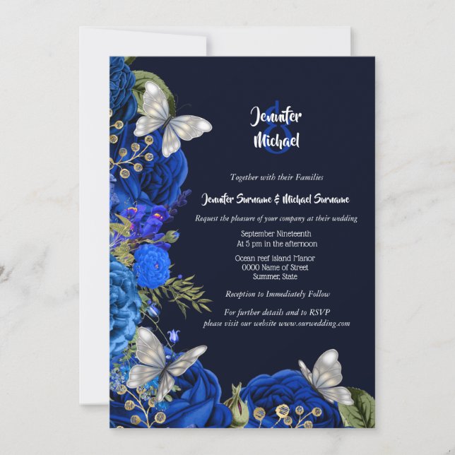 Blue rose silver butterfly royal foliage wedding invitation (Front)