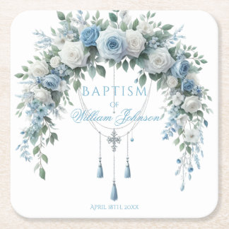 Blue Rose & Silver Cross Baptism Coaster