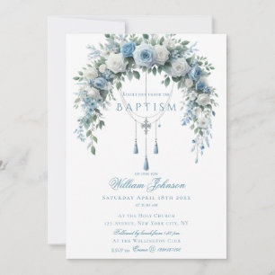 Blue Rose & Silver Cross Baptism Guest Book Invitation