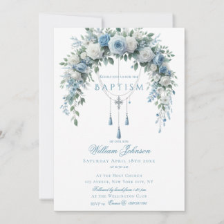 Blue Rose & Silver Cross Baptism Guest Book Invitation
