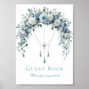 Blue Rose & Silver Cross Baptism Guest Book Sign