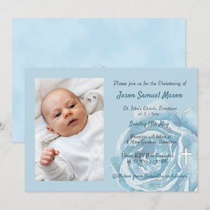 Blue rose sparkle Christening Invitation