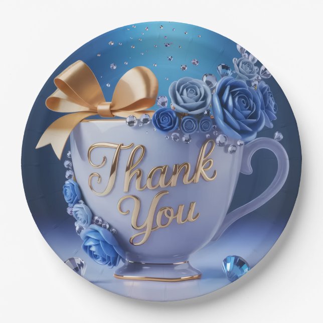 Blue Rose Teacup, Thank You, Paper Plate (Front)