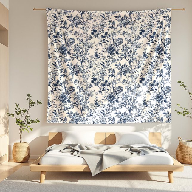 Blue Rose Vine Pattern Toile Fleece Blanket (detail)