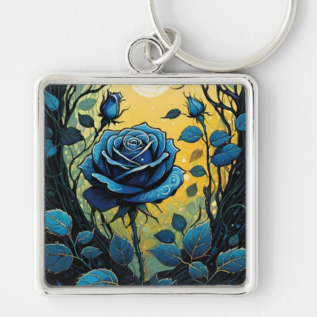 Blue Rose Vines 2 Square Key Ring (Front)