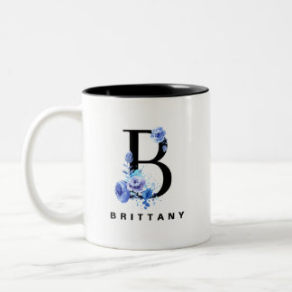Blue Rose Watercolor Floral Letter B Monogram Two-Tone Coffee Mug