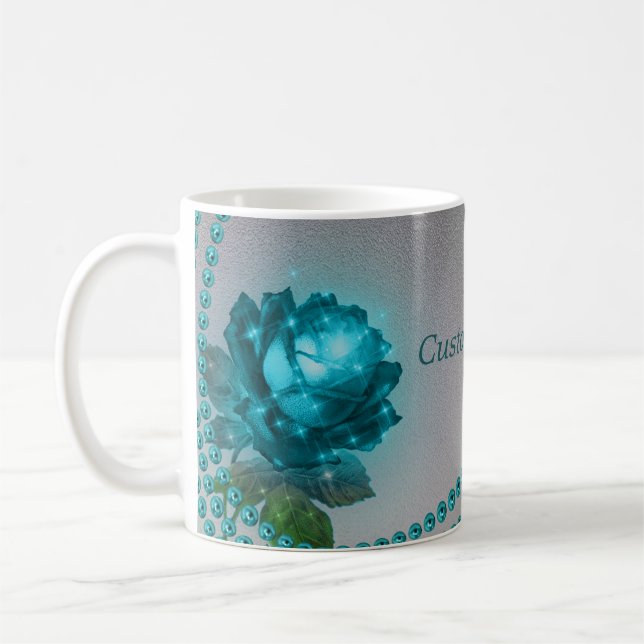 Blue Rose with Pearls Coffee Mug - Customise Text (Left)