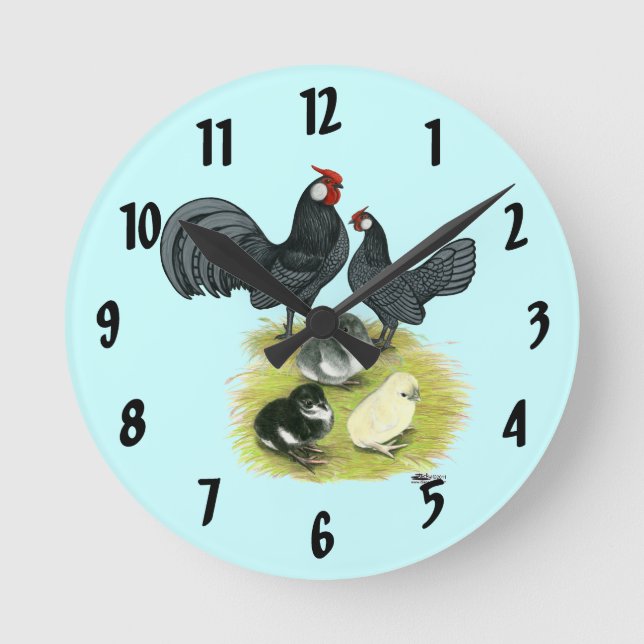 Blue Rosecomb Family Round Clock (Front)
