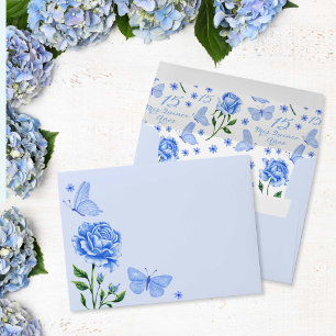 Blue Roses and Butterflies Quinceañera Birthday Envelope
