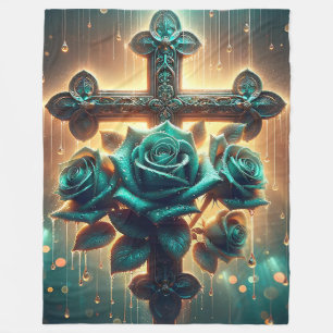 “Blue Roses and Christian Cross" Fleece Blanket
