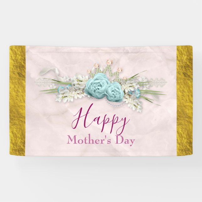 Blue Roses and Crown Floral Bouquet Mother's Day Banner (Horizontal)
