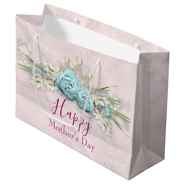 Blue Roses and Crown Floral Bouquet Mother's Day Large Gift Bag (Front Angled)