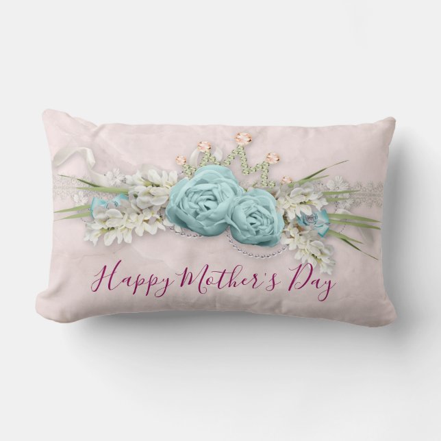 Blue Roses and Crown Floral Bouquet Mother's Day Lumbar Cushion (Front)