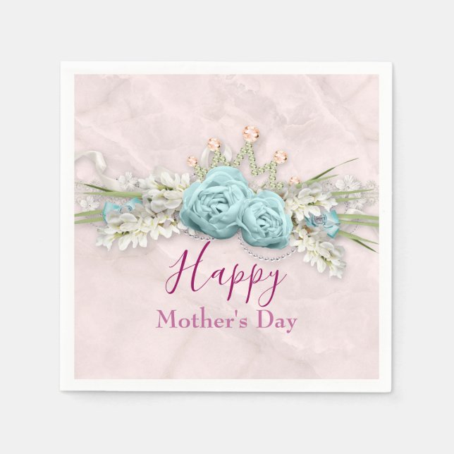Blue Roses and Crown Floral Bouquet Mother's Day Napkin (Front)