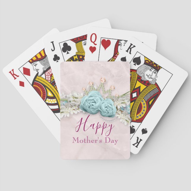 Blue Roses and Crown Floral Bouquet Mother's Day Playing Cards (Back)