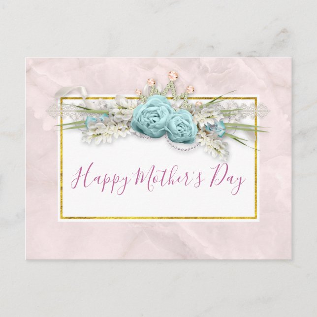 Blue Roses and Crown Floral Bouquet Mother's Day Postcard (Front)