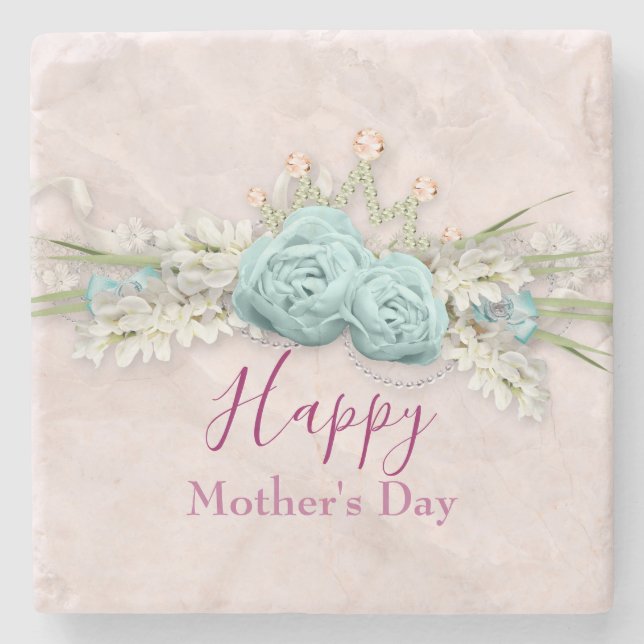 Blue Roses and Crown Floral Bouquet Mother's Day Stone Coaster (Front)