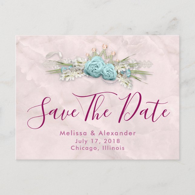 Blue Roses and Crown Floral Bouquet Save The Date Announcement Postcard (Front)