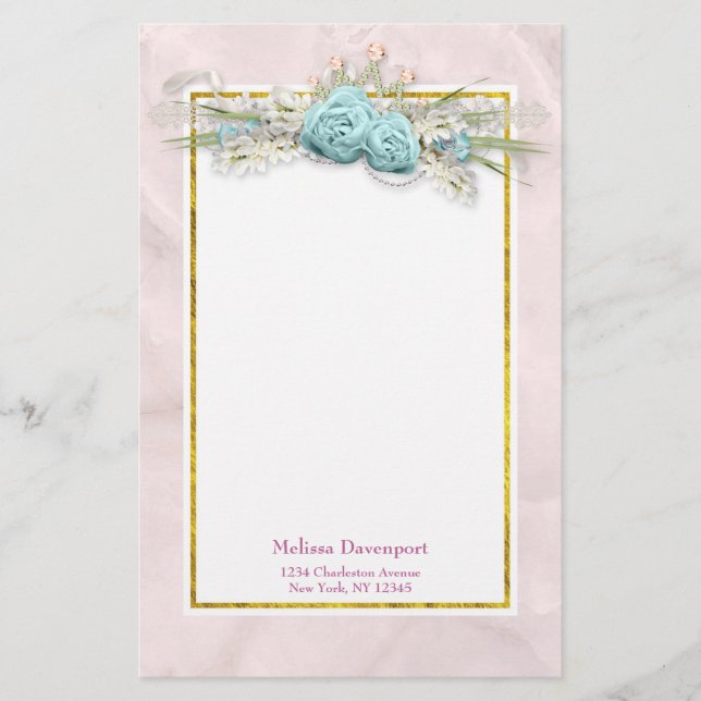 Blue Roses and Crown Floral Bouquet Stationery (Front)