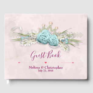 Blue Roses and Crown Floral Bouquet Wedding Guest Book