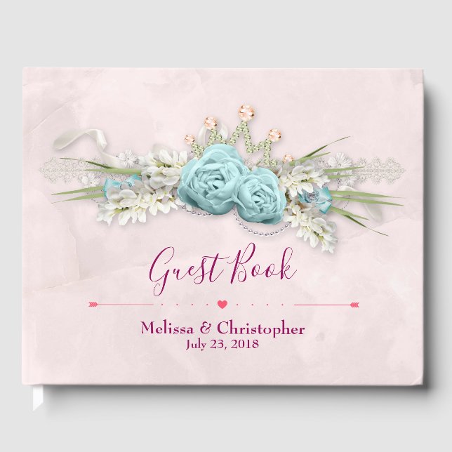 Blue Roses and Crown Floral Bouquet Wedding Guest Book (Front)
